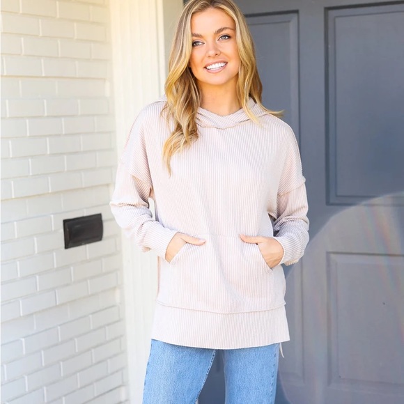 Reg. & Plus Size Casual Ivory Mineral Washed Ribbed Knit Lightweight Hoodie - Picture 4 of 14